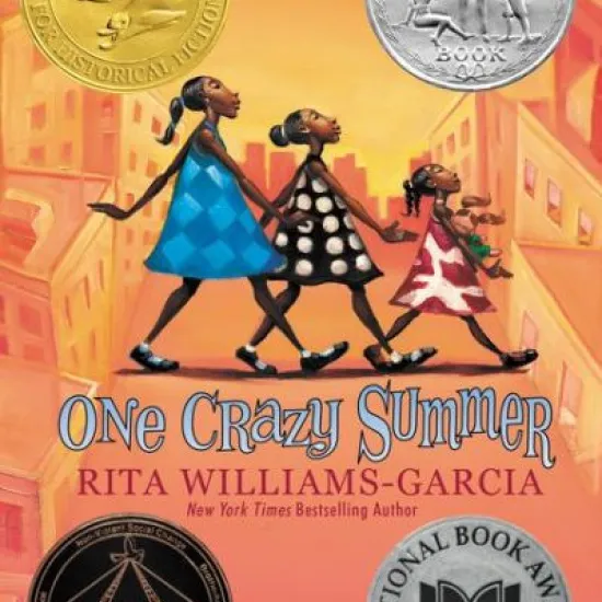 Orange city background with three young Black girls walking together behind each other; Award medals are placed in all four corners of the book cover