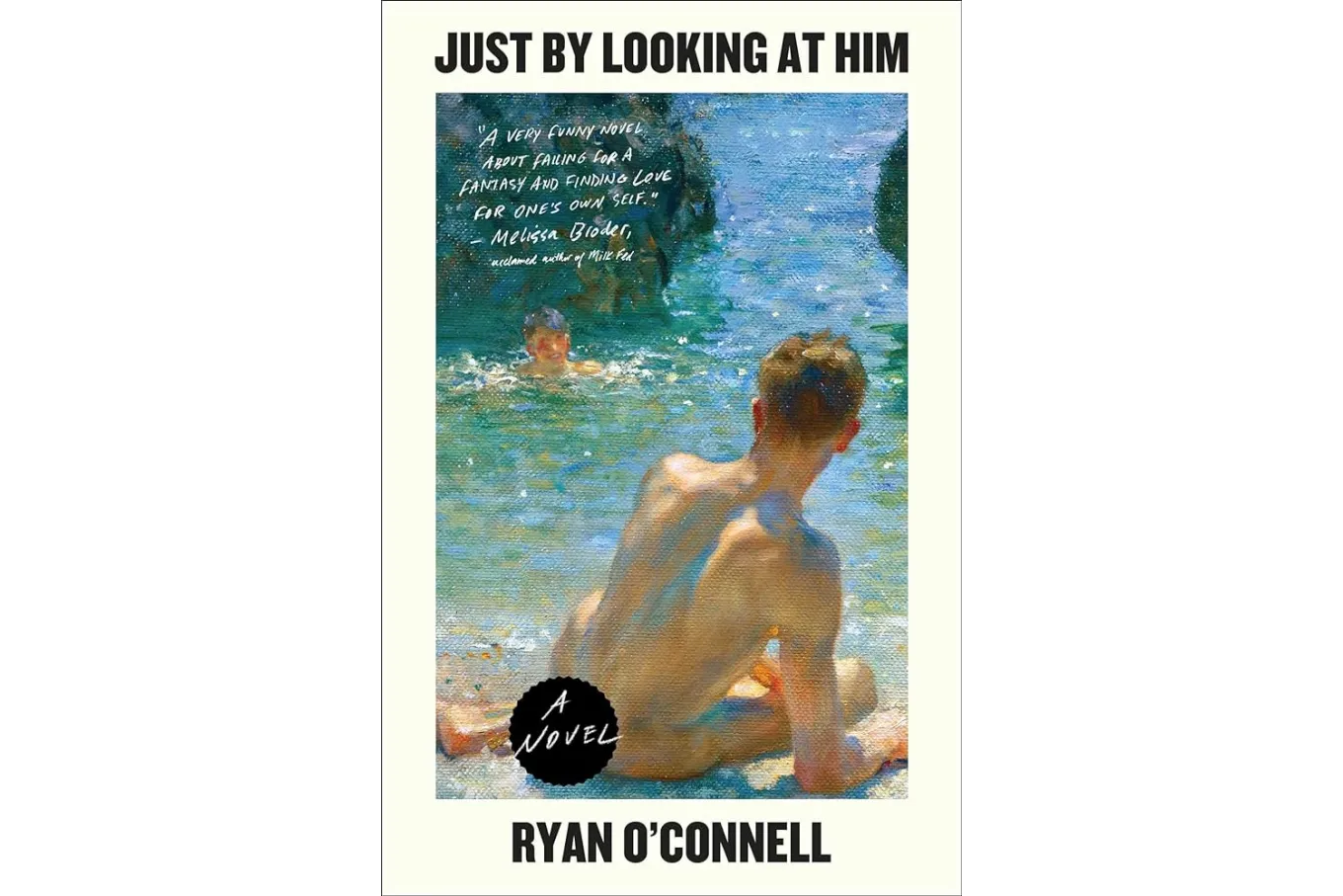 A naked man sitting on the beach on a sunny day gazes out at another man who, submerged up to his shoulders, smiles in the direction of the first man.