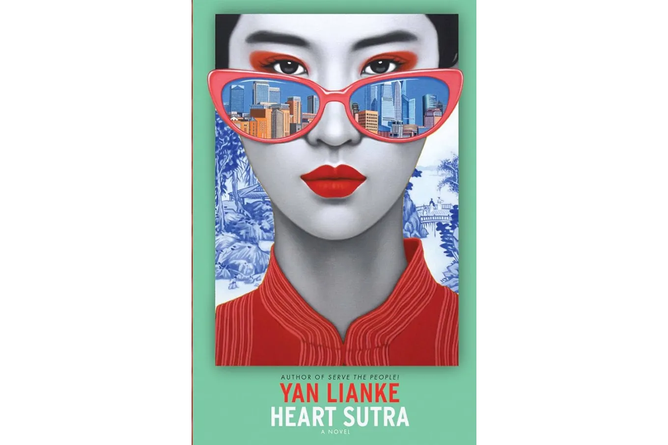 A woman wearing traditional Chinese makeup stands against a blue and white porcelain background which itself is lain over a jade green background. The woman also wears a pair of red cat-eye sunglasses that reflect a modern cityscape in the lenses.